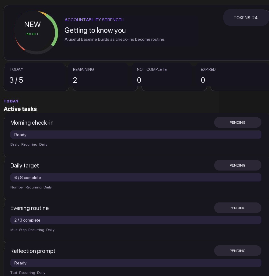 An anonymized dashboard showing a new accountability profile, daily progress, and flexible tasks.
